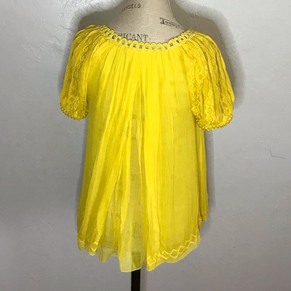 Diane von Furstenberg yellow silk sheer Flowy blouse with lace sleeves size 0 - Picture 2 of 5